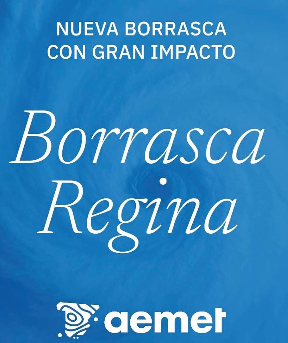 Meteohuelva's tweet photo. Tenemos nueva borrasca de gran impacto, la borrasca Regina que ha sido nombrada por el servicio meteorológico portugués.

En Huelva sufriremos sus efectos de refilón con posibilidad de chubascos a partir de últimas horas de mañana lunes. Dicha posibilidad de chubascos se extenderá también al martes y miércoles. En general poca lluvia salvo casos puntuales.

Lo más destacado será la intensa calima.