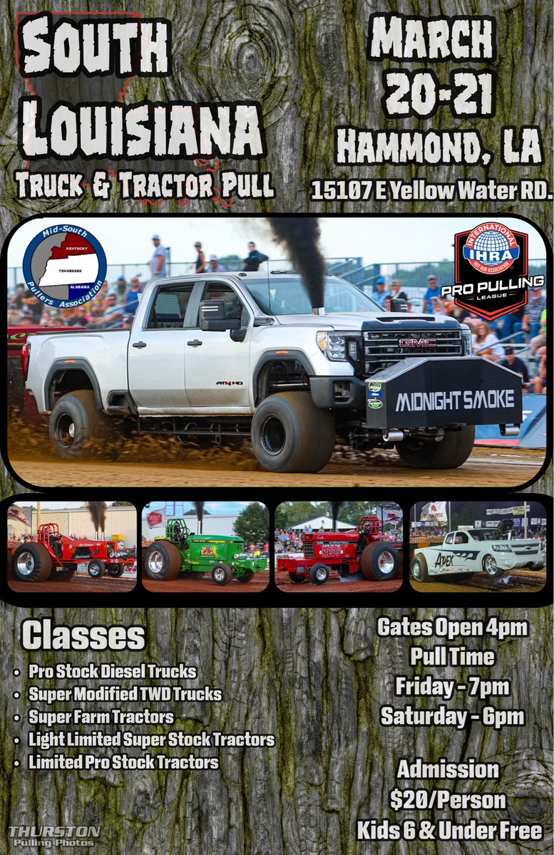 ThurstonPulling's tweet photo. South Louisiana Truck &amp; Tractor Pull
Hammond, LA 
March 20-21, 2026 

@StoolMintzy @TBob53 

#MidSouthPullers #ProPulling #TractorPulling #IHRA #MakeItHappen #TruckPulling #Motorsport #Horsepower #DragRacing #USA #EliminationChamber #BarstoolSports https://t.co/vloxfqdgEB