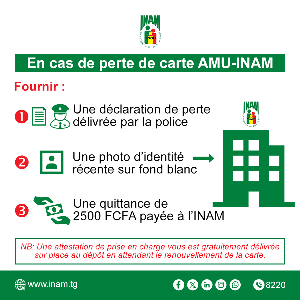 InamTogo's tweet image. 📢 Rappel! Rappel!
🟢 Astuces carte AMU-INAM.
Vous êtes assuré INAM, vous avez perdu votre carte AMU-INAM ou vous l'avez endommagée. Que faire ?
Réponses 👇
#carte #carteinam #priseencharge #perte #AMU #INAM #Togo #Assurancemaladie #information #CNSS #soin #santé