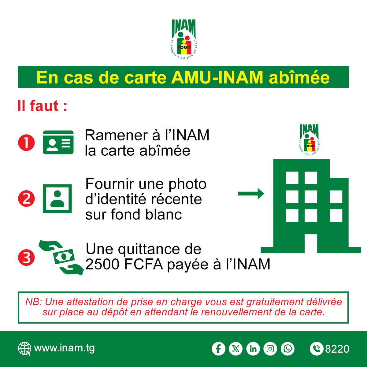 InamTogo's tweet image. 📢 Rappel! Rappel!
🟢 Astuces carte AMU-INAM.
Vous êtes assuré INAM, vous avez perdu votre carte AMU-INAM ou vous l'avez endommagée. Que faire ?
Réponses 👇
#carte #carteinam #priseencharge #perte #AMU #INAM #Togo #Assurancemaladie #information #CNSS #soin #santé