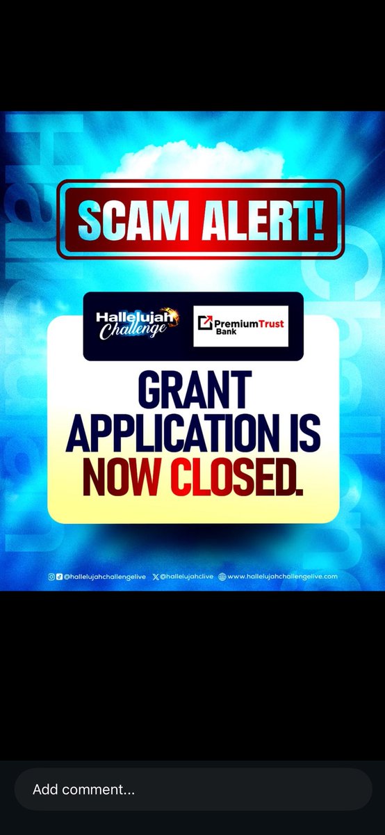 HC_XFamily's tweet photo. 🚨OPERATION STAY VIGILANT - SCAM ALERT ‼️

Please be informed that the Hallelujah Challenge Grant Program, in partnership with Premium Trust Bank, is now officially closed.

It has come to our attention that fraudsters are actively circulating fake messages, links, emails and impersonation pages, falsely claiming to offer grant opportunities or ongoing registration. These claims are entirely false and misleading.

📌For absolute clarity:

AlI official information and updates regarding the grant — and all Hallelujah Challenge related matters are communicated strictly and exclusively via the official Hallelujah Challenge website and verified social media platforms.

👉🏼Any message, link, call, email, or page suggesting otherwise should be treated as a SCAM, as the grant program is completely closed.

🔍Please note, the only official Hallelujah Challenge Website
is https://t.co/FKCzBoU5Oi

Any other account (s) or platforms claiming affiliation are not authorized🚫

We urge everyone to remain highly vigilant and do not share your personal, financial, or banking details with anyone, under any circumstance.

Blessings.💙