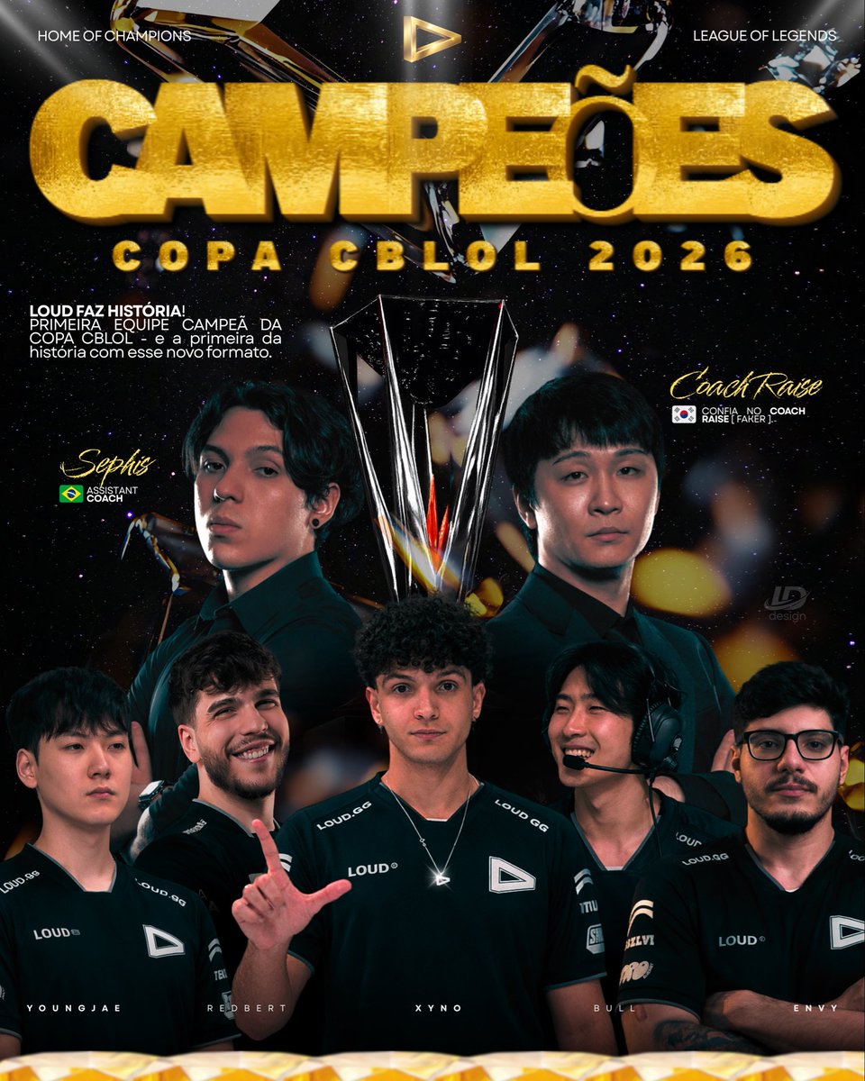 SOMOS CAMPEÕES DA COPA CBLOL

Campeã da primeira edição da Copa CBLOL 2026, a LOUD se torna eternamente a primeira equipe a levantar esse troféu em um formato inédito da competição. Um título que não é só conquista — é marco.

A primeira Copa CBLOL tem dono. 💚🏆