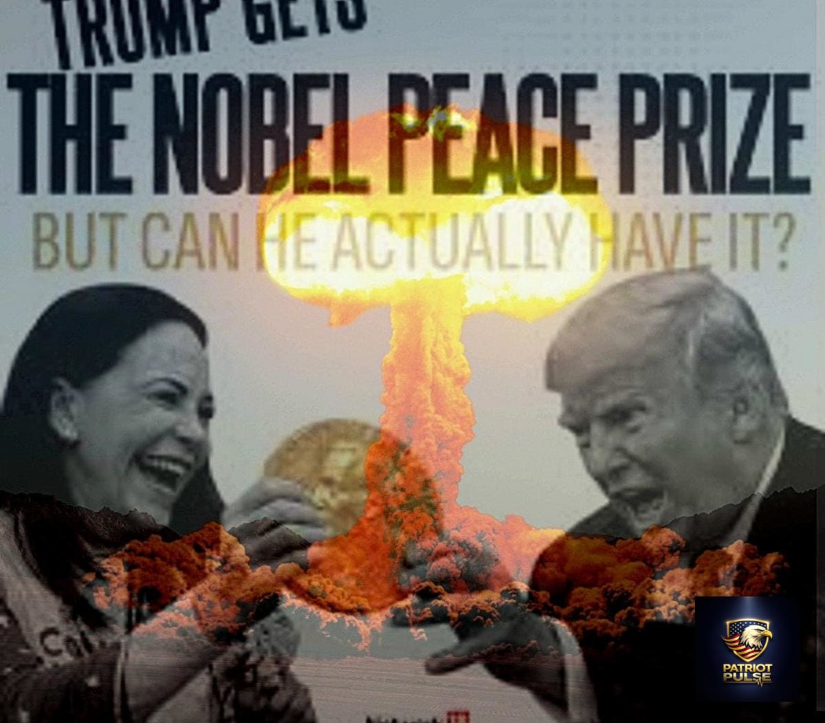 PatriotPulseOff's tweet photo. Trump critics point to broken peace promises as satirical image shows Nobel Prize question against nuclear backdrop. Growing discontent over war policy, inflation, and economic inequality. #Trump #PeacePolicy #PoliticalDissent https://t.co/4tOVvX8jqP