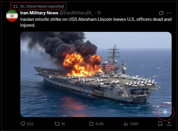 <a href="/IranMilitaryIR_/">Iran Military News</a> I would encourage professional folks like <a href="/ProfSteveKeen/">Dr. Steve Keen</a> to not repost this type of (quite obvious) AI-generated content.

Some mistakes happen, but a lot of people are establishing a history of consistently kneejerk-sharing any AI slop that conforms with their viewpoints.