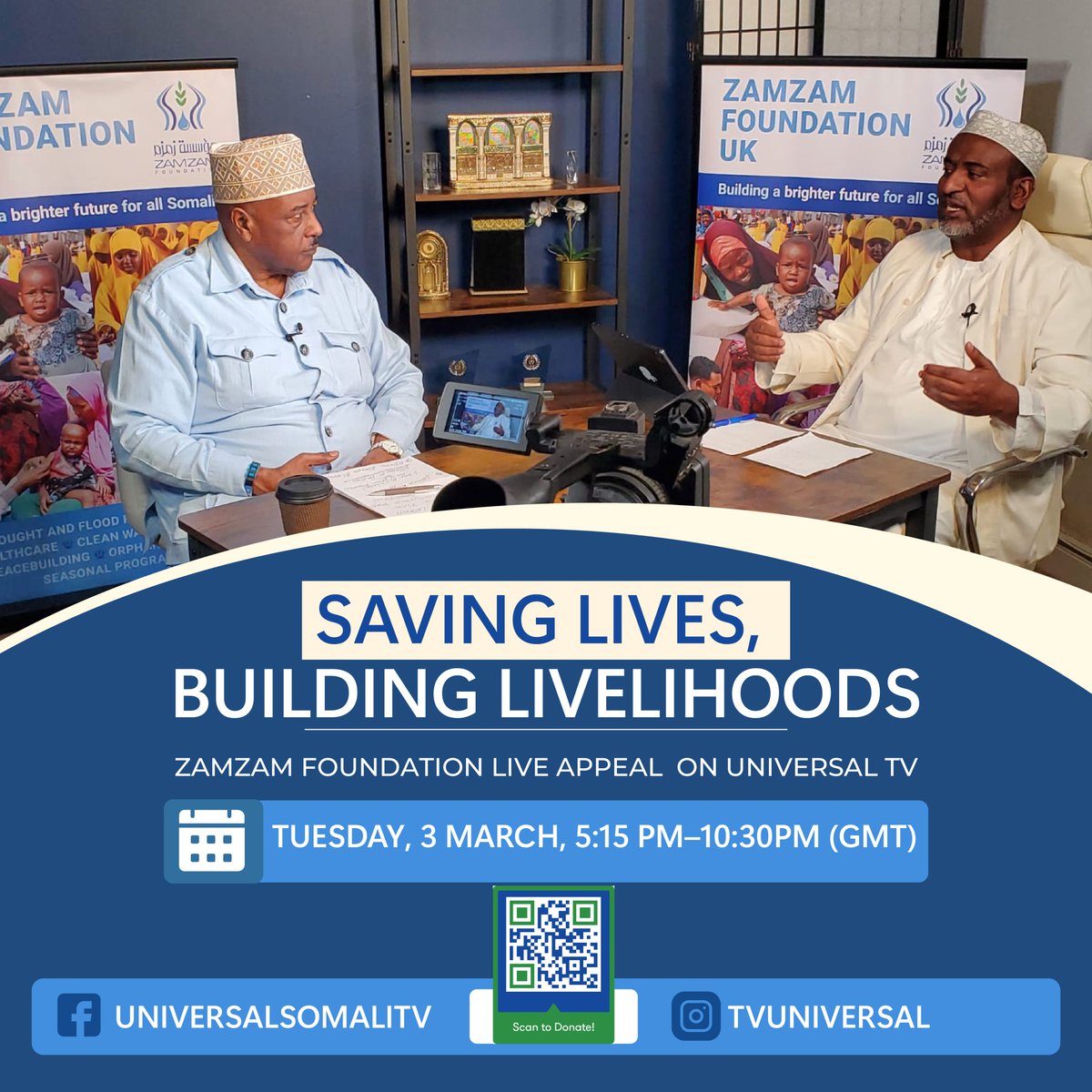 Zamzam_UK's tweet photo. Join us Tuesday for our live appeal on Somali-language channel @tvuniversal. Somali families are struggling in a severe drought - over 6.5m suffering crisis levels of hunger and half of under-5s severely malnourished. Share details + tune in to save lives https://t.co/92YRZ0CqNm https://t.co/RB5BGRttnE