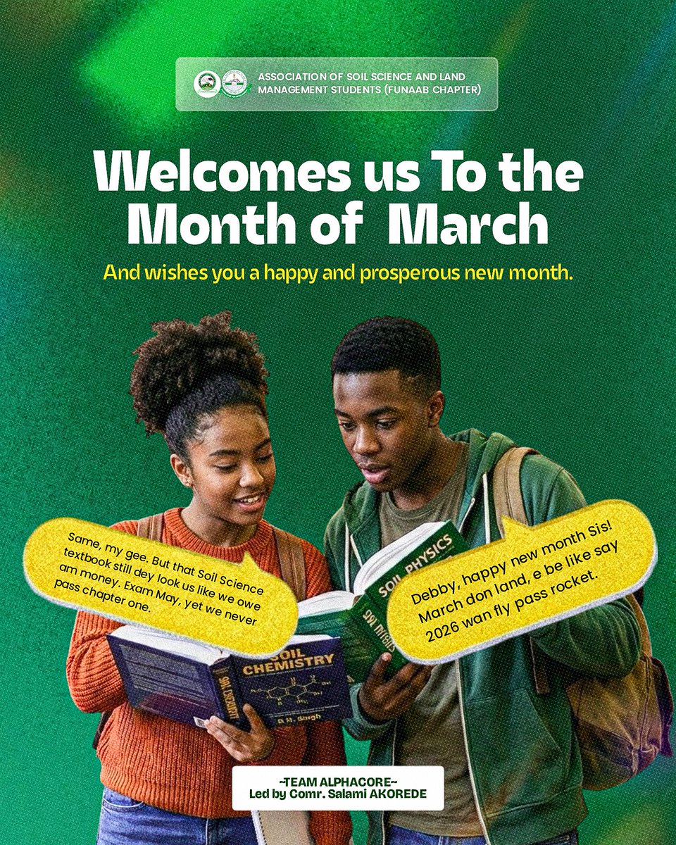 soilscientist_'s tweet photo. March is here📚🌱
Another month to learn, grow, and chase success.
Happy New Month, ASSLAMS family💚
#ASSLAMS
#ASSLAMSFUNAAB
#SoilScientists
#LandManagement
#FUNAAB
#TeamAlphaCore
#NewMonth
#MarchWithPurpose
#AcademicExcellence
#GreenGrowth💚 https://t.co/ikKqd2n0C6