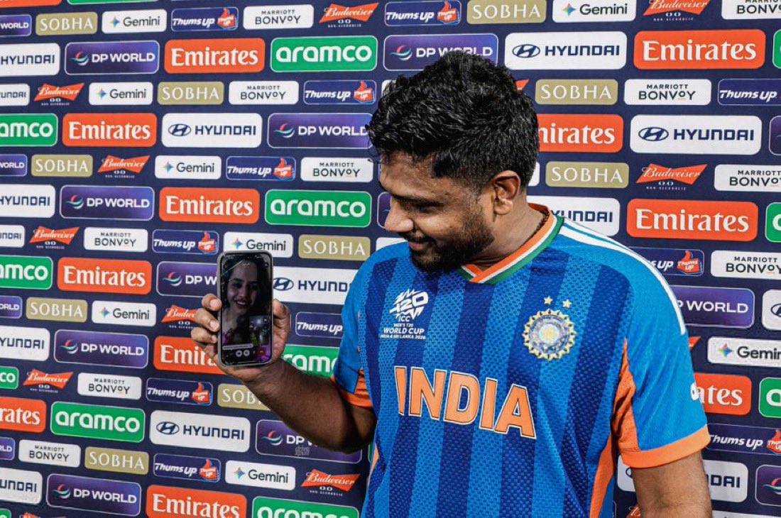 Sanju Samson on a video call with his wife after the match. 🥹❤️

Cutest moment of the day!! 😍