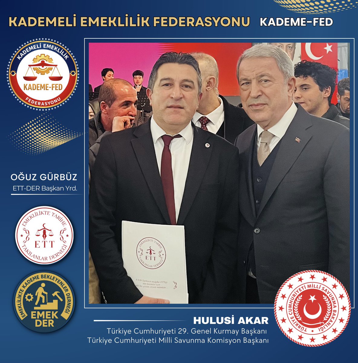 Kademeli Emeklilik Federasyonu olarak, iftar programında TBMM Millî Savunma Komisyonu Başkanı, AK Parti Kayseri Milletvekili Sayın Hulusi Akar Beyefendi ile bir araya gelmekten memnuniyet duyduk.

Gerçekleştirdiğimiz görüşmede; federasyonumuz bünyesindeki ETTDER ve EMEKDER
