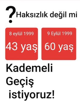 <a href="/KademeFed/">Kademeli Emeklilik Federasyonu</a> Akranlar arasında 17-20 yıl emeklilik yaş farkına sebep olan 7438 sayılı Eyt yasasından sonra 8.9.1999 sonrası tüm sgklılar için doğum ya da doğum yılına uygun kademeli emeklilik düzenlemesi hakkımızdır 
<a href="/RTEdijital/">Erdoğan Dijital Medya</a> 
<a href="/AvOzlemZengin/">Av. Özlem Zengin 🇹🇷</a> 
#KademedeBirlik