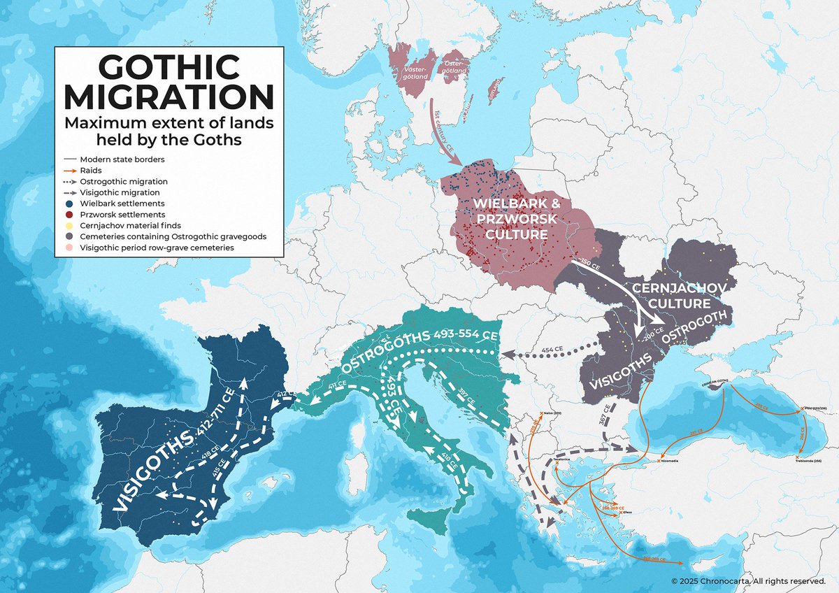 Maptysk's tweet photo. @haplogroupthink Going further to the north, we reach a famed people that would go on to conquer and rule large swaths in every corner of Europe. Of course, i am talking about...

The Goths

(Map by @chronocarta) https://t.co/Y4m3Zun6Dr