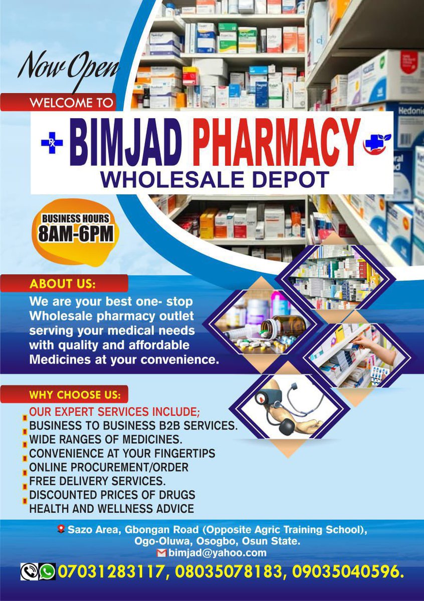 UPDATE: Bimjad Pharmacy Wholesale Depot is now officially open as a fully stocked and customer-focused wholesale pharmaceutical outlet committed to delivering quality, affordable, and genuine medicines. Serving individuals, pharmacies, hospitals, clinics, patent medicine vendors,