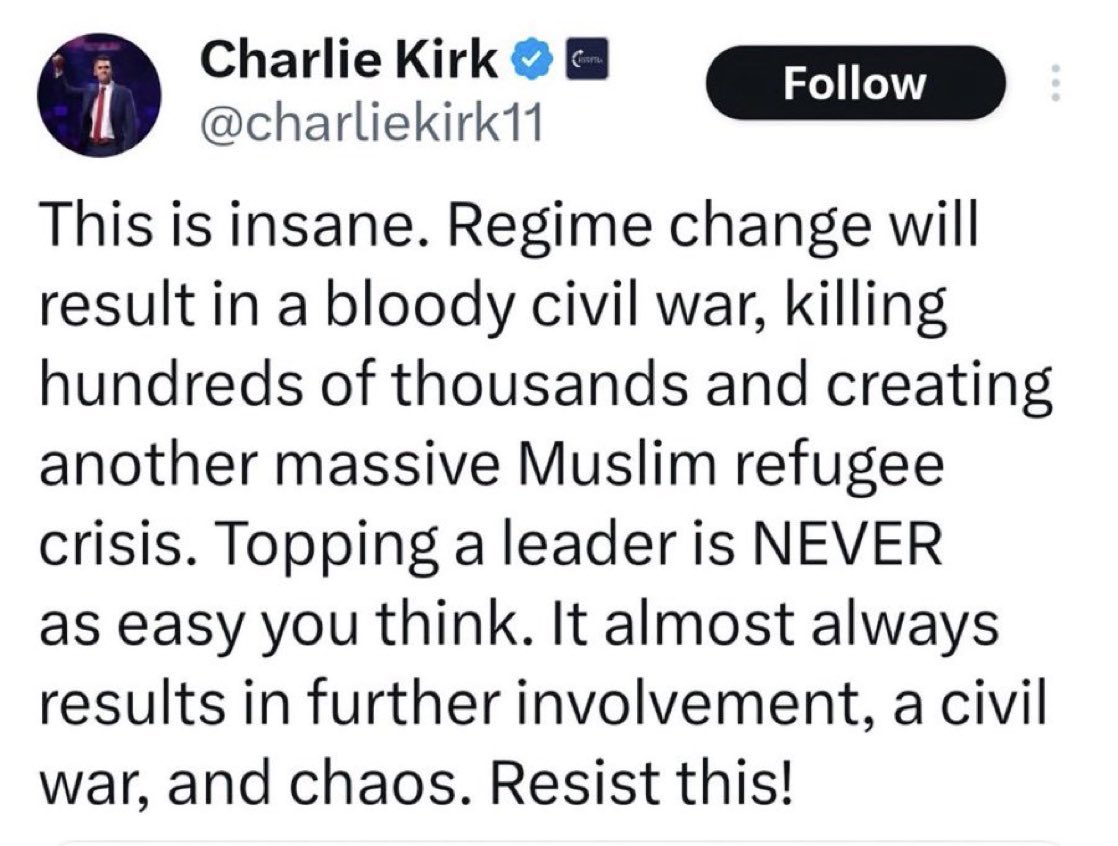 laurenlee's tweet photo. It really doesn’t sit right with me that this man got shot in the neck just weeks after personally stopping full scale war with Iran. 

Now we’re at full scale war with Iran. And his “best friends” are trying to convince us he’d eventually change his mind. And the new CEO of his company is silent and just lets that disrespect happen. And that CEO was also his wife 

Did the CIA not consider the optics of this one?