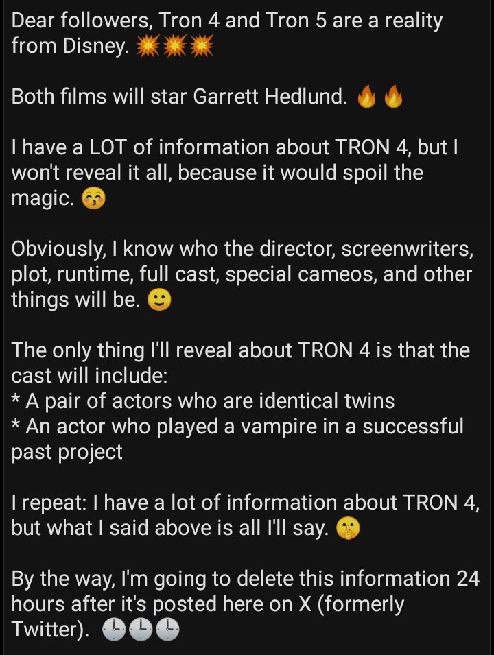 Tron3AresMovie's tweet image. Dear TRON fans, I'm here to tell you that Tron 4 and Tron 5 are a reality, courtesy of Disney, despite Tron 3's box office failure. 

Detailed information is available in the images (in both English and Spanish)

. I'll soon be sharing more important news about the franchise.