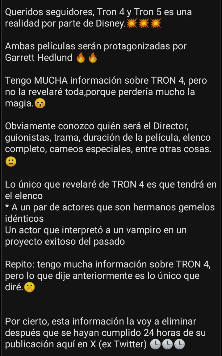 Tron3AresMovie's tweet image. Dear TRON fans, I'm here to tell you that Tron 4 and Tron 5 are a reality, courtesy of Disney, despite Tron 3's box office failure. 

Detailed information is available in the images (in both English and Spanish)

. I'll soon be sharing more important news about the franchise.