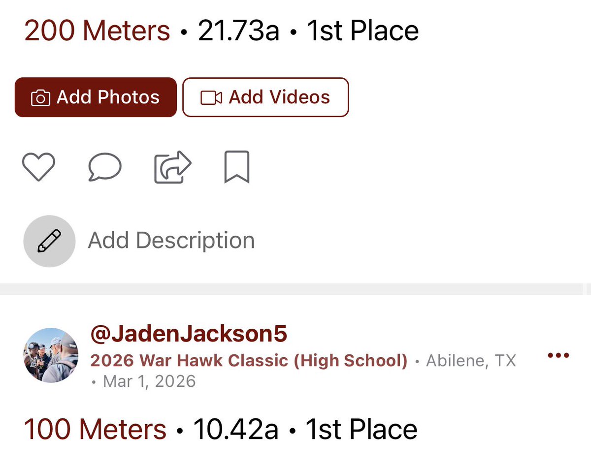 jadenjackson_7's tweet photo. Had a great meet yesterday Ran two pr’s‼️
@USTFCCCA @TTFCA @ACU_TFXC @shareese_woods @coachfullen @247Sports @TXMileSplit @AbileneHStrack @LoneStarPrepsTX @CoachCalRob @MichaelFordBU #Godswork https://t.co/xMCkog2cru