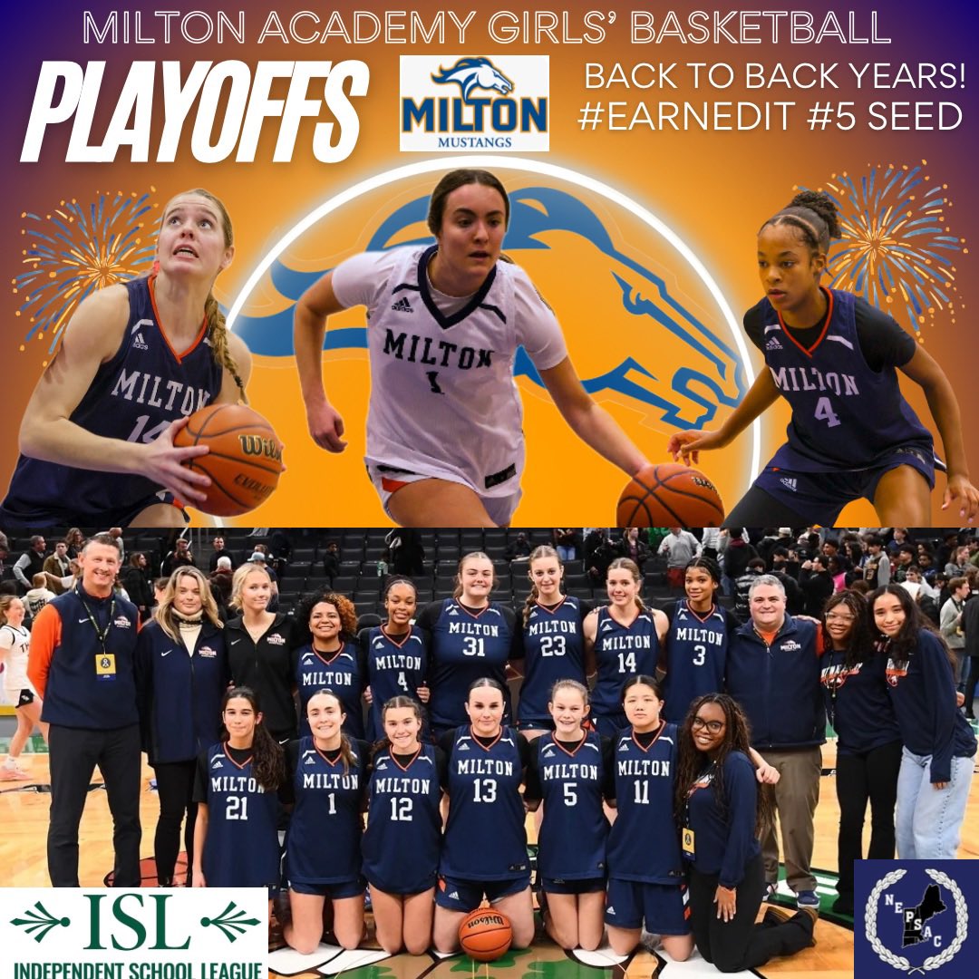 MiltonAcademygb's tweet photo. Playoffs!!!

For the second year in a row Milton Academy Girls’ Basketball has secured a Class A playoff spot! We earned the #5 seed and will play at Andover on Wednesday, 3/4! 

#GoStangs #EarnedIt #Playoffs #WeWantMore https://t.co/mcFYWNV5Go