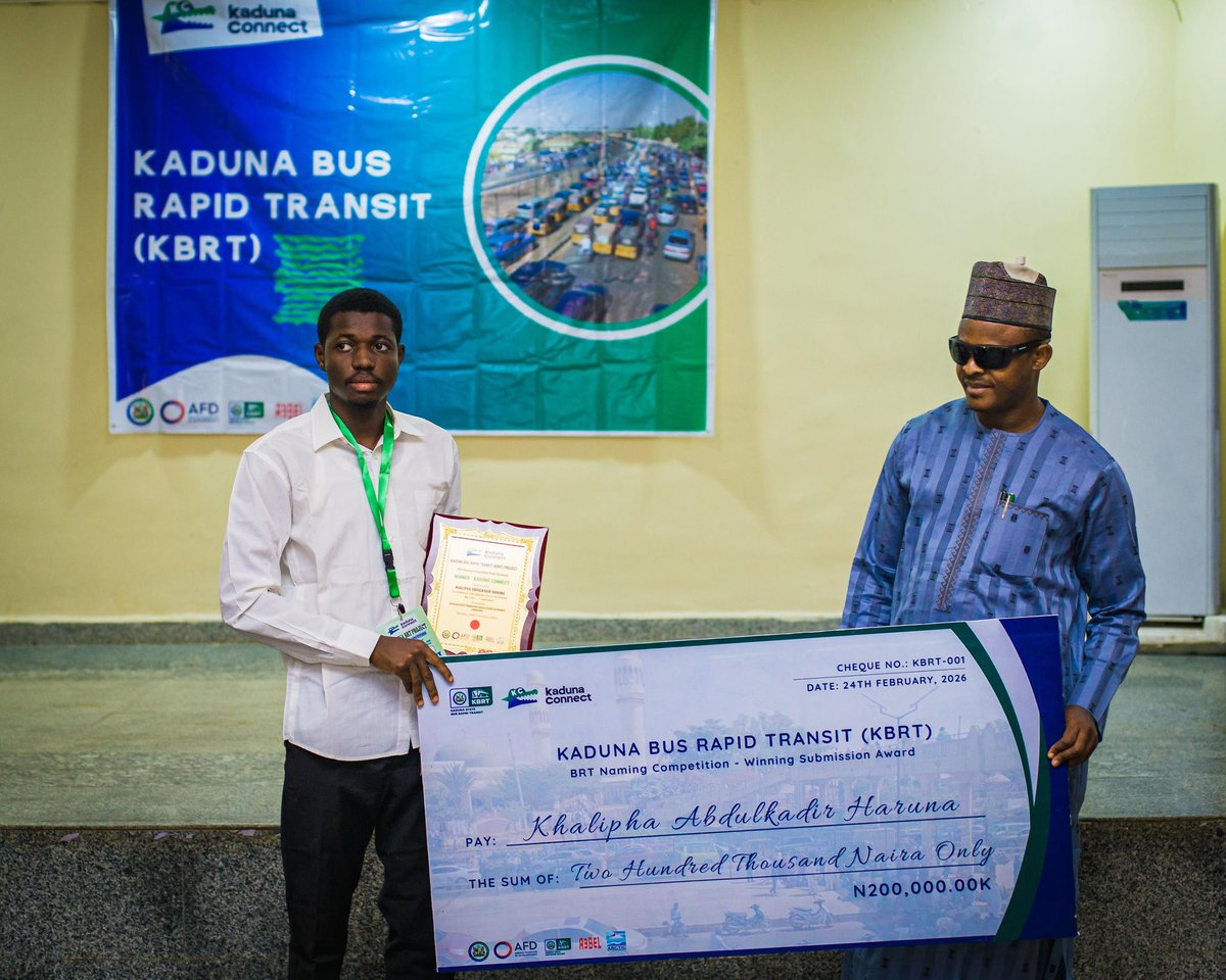 kadunabrt's tweet photo. Khalifa Abdulkadir Haruna of Kaduna State University has emerged winner of the KBRT Naming Competition!

His entry, “Kaduna Connect,” received the highest votes during the stakeholders engagement and name suggestion forum held last year. https://t.co/byiY9LNrYk