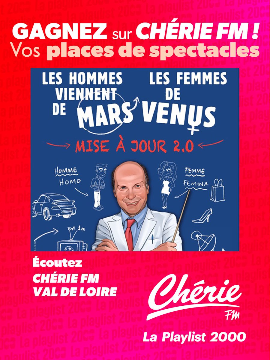 Chérie FM vous invite au spectacle « les hommes viennent de Mars et les femmes de Vénus, mise a jour 2.0 » !
📅06 mars à 20h30 au Palais des Congrès de #Tours
Vous voulez gagner vos places ? Ecoutez Chérie FM Val de Loire dès 13h 😉