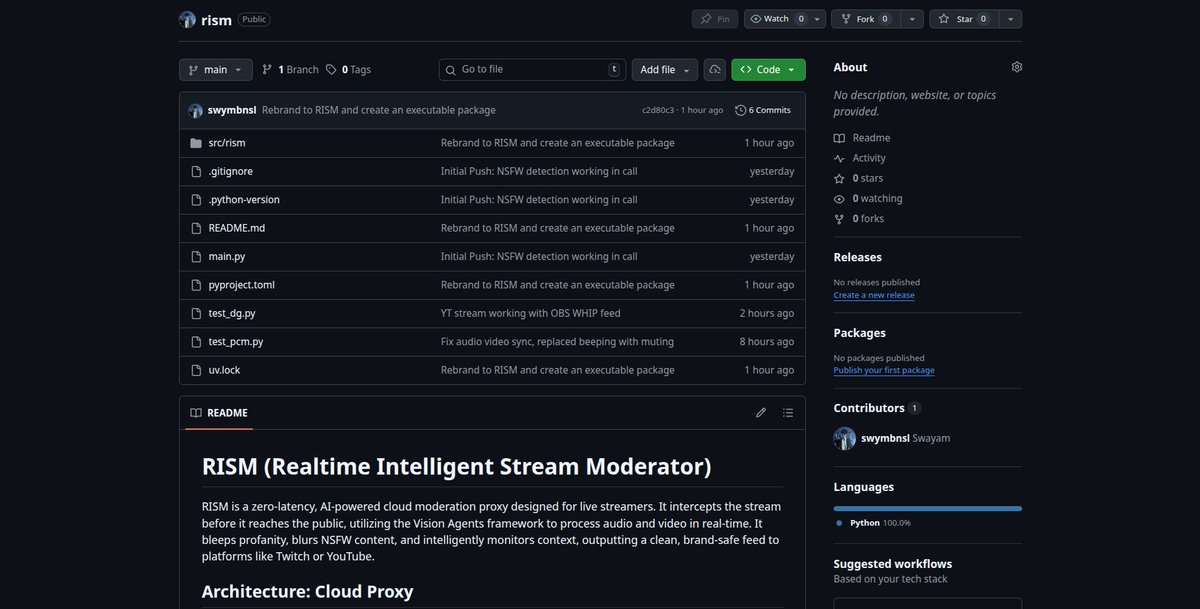 swymbnsl's tweet photo. I just solved the problem faced by thousands of streamers, using @visionagents_ai !

Every year, thousands of Streamers get banned due to accidentally streaming NSFW material or saying out some restricted words.

So I built RISM: Realtime Intelligent Stream Moderator
Continued 👇 https://t.co/m8QFxOXkB4