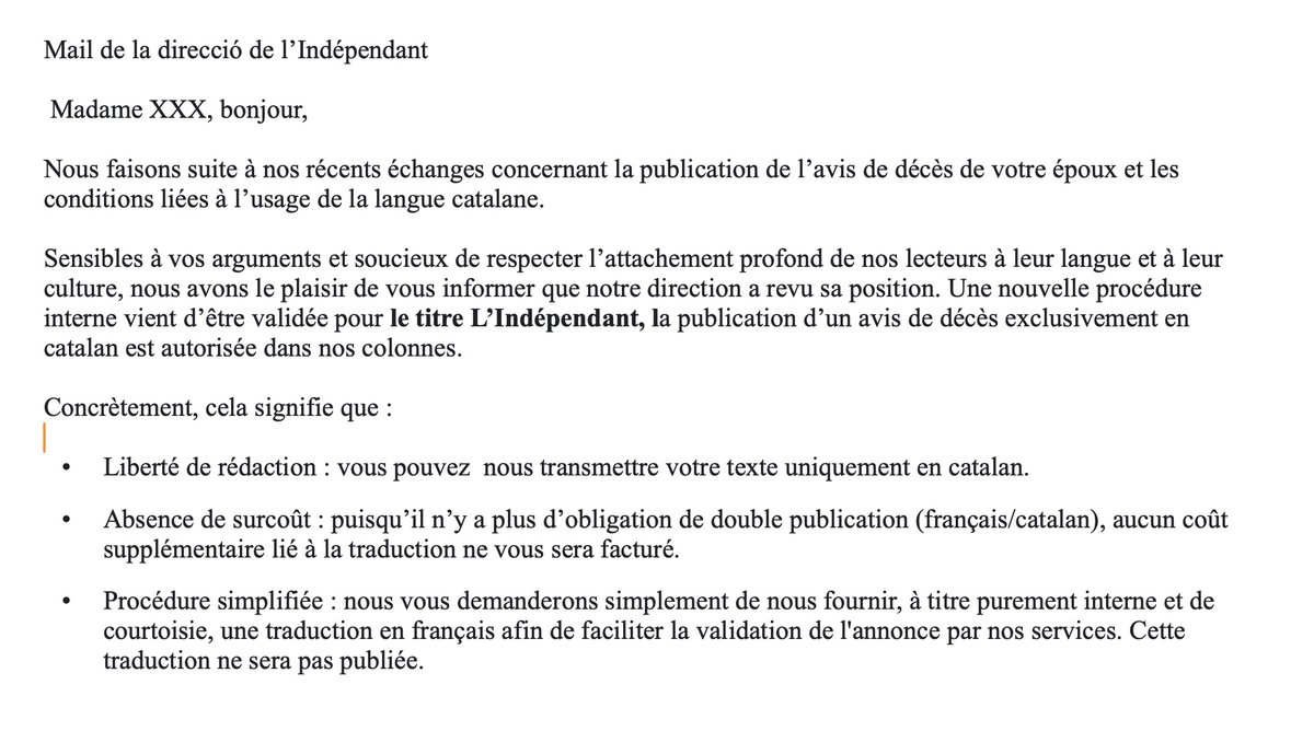 Angels_Folch's tweet photo. Me n'alegro que la persistència d'una bona amiga que es va negar a acceptar la condició que l'imposava el diari L'Independant de Catalunya Nord de pagar el doble si volia que l'esquela del seu marit sortís també en català, hagi aconseguit fer canviar d'opinió a l'esmentat diari. Enhorabona Daniela!
Heus aquí la prova. 👇