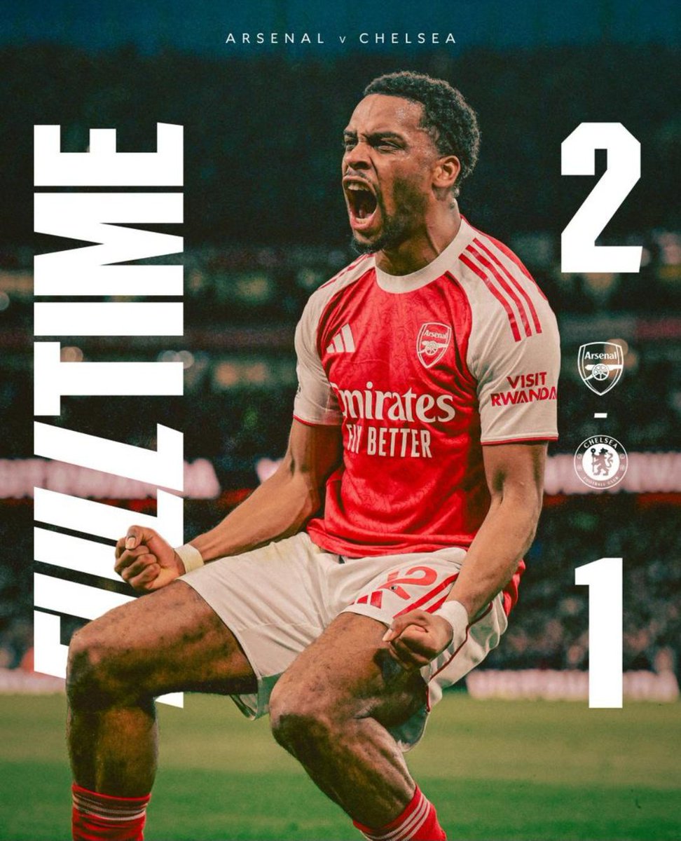 MatchdaygamesHQ's tweet photo. Full Time:

Arsenal 2 (Saliba 21', J.Timber  66') 1 Chelsea (OG Hincapie 45+2')  

Arsenal still proving haters wrong
One step closer to the EPL Title.

#ARSvCHE #PremierLeague https://t.co/qZYNLzRAdf