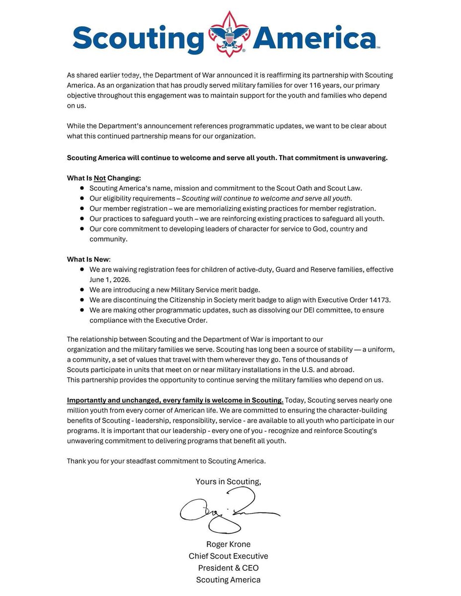 Scouting America is already defying what Secretary Pete Hegseth said were agreed upon changes to the scouting program. It’s time for <a href="/DeptofWar/">Department of War 🇺🇸</a> to cut ties with the once great organization.

Cut ties. No more jamboree. No more units on bases. Begin talks and form a partnership