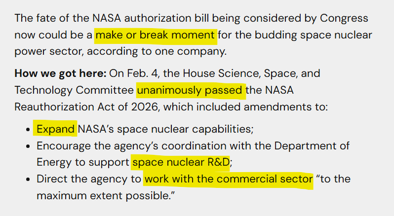 Houston, we have nuclear 🚀

Among other things, the <a href="/NASA/">NASA</a> Reauthorization Act aims to kickstart the deployment of nuclear power systems in #space and ensure "a sustainable pathway for the broader use of space nuclear" – <a href="/zeno_power/">Zeno Power</a>

Sounds good to us 🤩👇
payloadspace.com/nasa-authoriza…