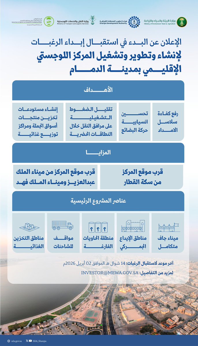 SDA_Sharqia's tweet photo. بالتعاون مع وزارة البيئة والمياه والزراعة ووزارة النقل والخدمات اللوجستية، البدء في استقبال طلبات إبداء الرغبات لإنشاء وتطوير وتشغيل المركز اللوجستي الإقليمي بمدينة الدمام، وذلك في إطار جهود تكاملية تهدف إلى تعزيز البنية التحتية اللوجستية ورفع كفاءة سلاسل الإمداد.

ويأتي هذا المشروع النوعي تأكيدًا على مكانة المنطقة الشرقية كمحرك استراتيجي لقطاع الخدمات اللوجستية في المملكة، وداعمًا لتحقيق مستهدفات الاستراتيجية الوطنية للنقل والخدمات اللوجستية، والتوجهات الاستراتيجية للمنطقة الشرقية، بما يسهم في ترسيخ موقع المملكة ضمن أفضل عشر دول عالميًا في مؤشر أداء الخدمات اللوجستية الدولي

للمزيد:

https://t.co/lQyNwuaqxu