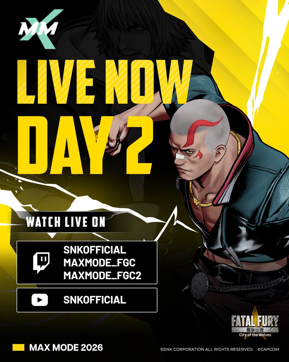 snk_esports_hub's tweet photo. Day 2 of #MAXMODE is here!
Top 16 and Top 8 battles in FATAL FURY: City of the Wolves.
Who will claim the crown? Tune in to see the champion crowned: https://t.co/rGsGOZkZ4a
#FatalFury #CotW https://t.co/Nm5ZljU63i
