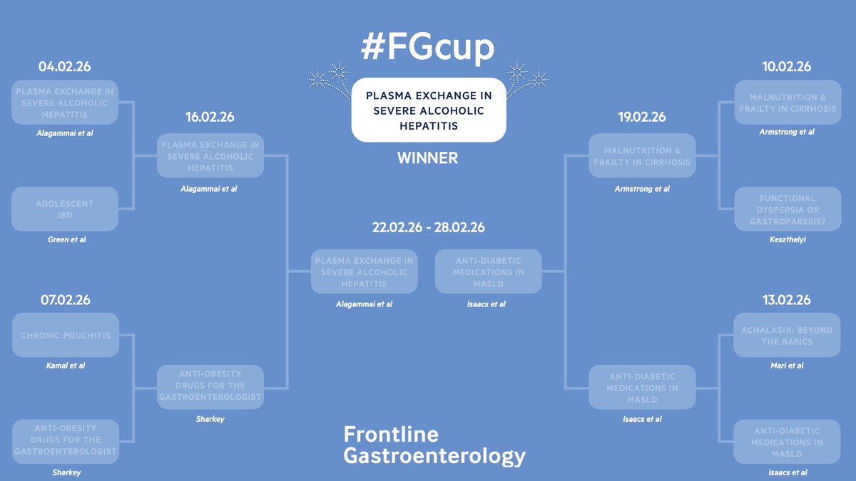 FrontGastro_BMJ's tweet photo. π π π #FGCup winner 2026!! π π π
Congratulations to "Therapeutic plasma exchange in severe alcohol-associated hepatitis-related acute-on-chronic liver failure"
A huge round of applause to @nmurug and his team for a great paper and a worthy winner of #FGCup 2026.
If you haven't already, catch the paper here: https://t.co/D98S76LhEY
Keep your submissions coming to #FG and you might be in with a shout for next years competition! Thanks to all of the authors and the team at FG who have written such great papers and committed to the competition.