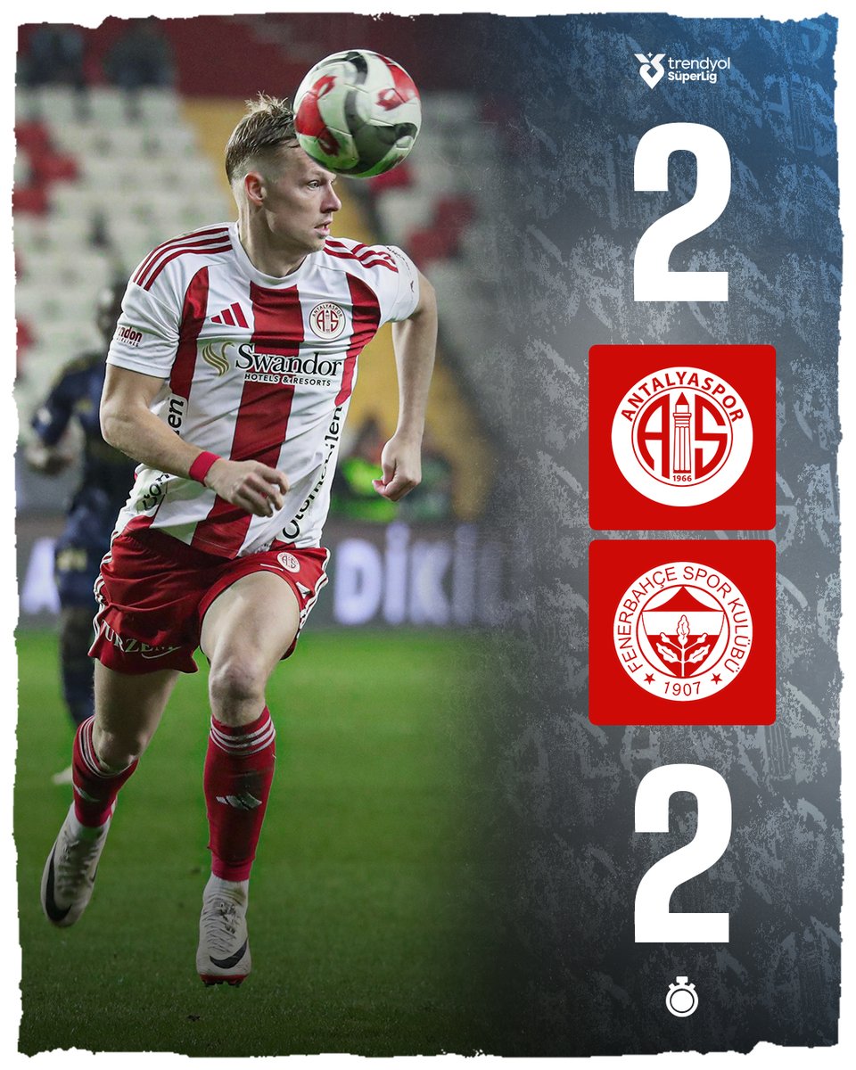 ⏱️ Dk.90: MAÇ SONUCU

🏁 Takımımız, Trendyol Süper Lig Mehmet Ali Yılmaz Sezonu'nun 24. haftasında Fenerbahçe ile 2️⃣-2️⃣ berabere kaldı.

#HesapcomAntalyaspor
#SevdamızAntalyaspor