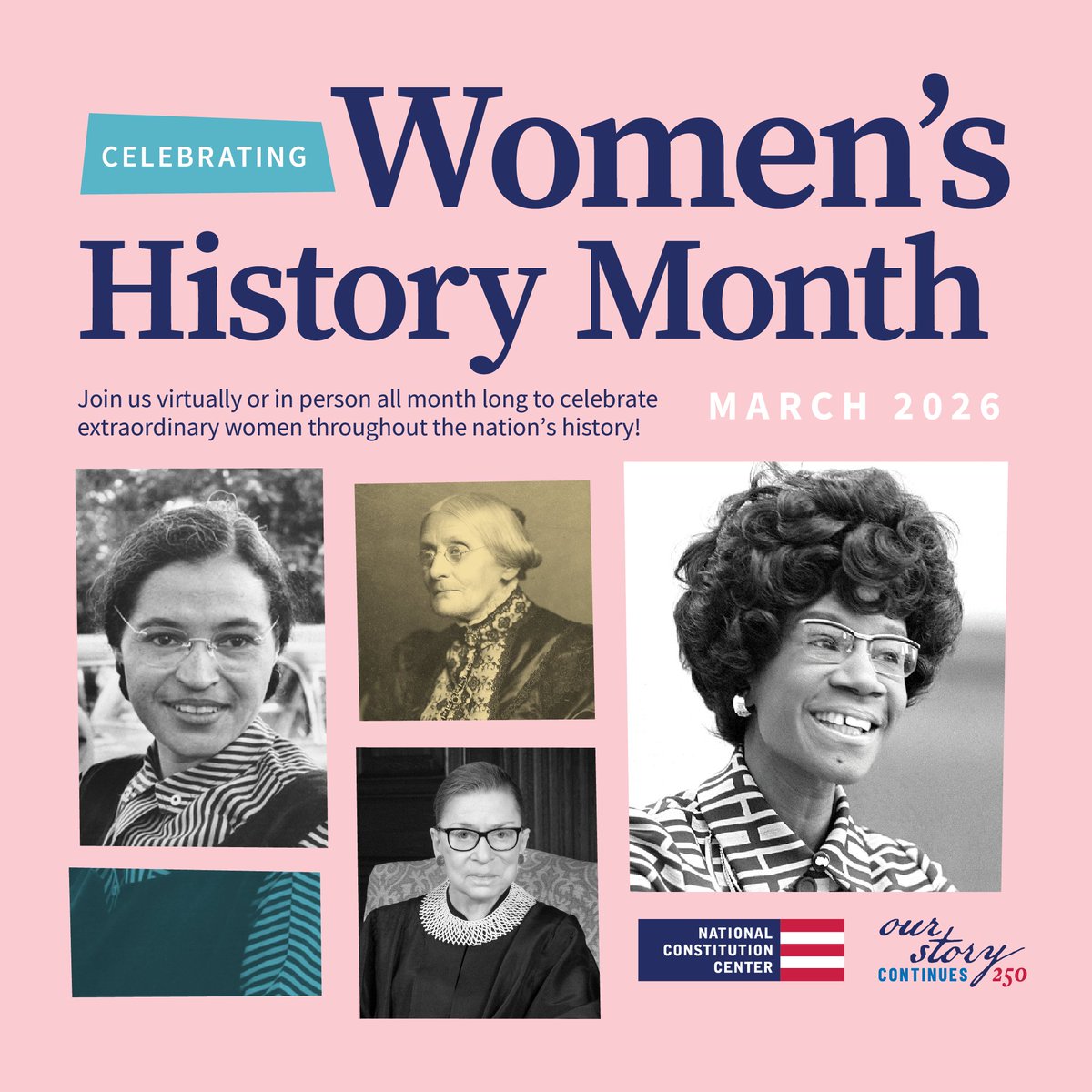 ConstitutionCtr's tweet photo. Celebrate #WomensHistoryMonth! Explore the extraordinary lives of American women who transformed constitutional history with programs and resources for learners of all ages. 

https://t.co/eRRV40sKO5 https://t.co/5zUUn2MC05