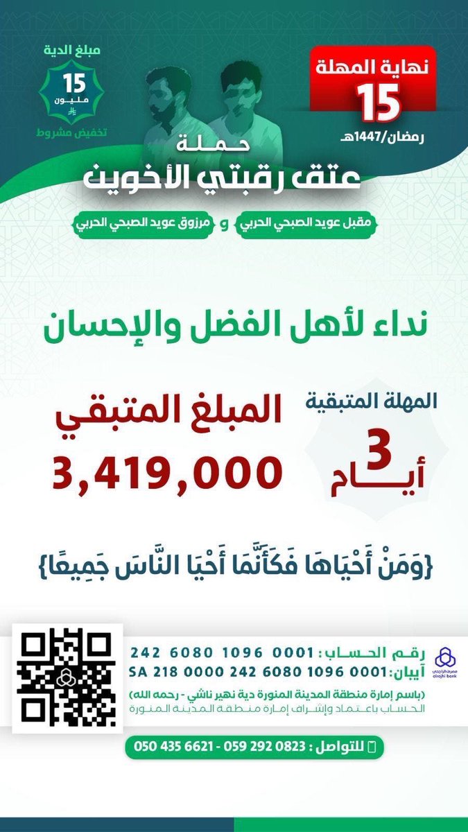 نداء إلى رجال الأعمال من قبيلة حرب وجميع قبائل المملكة العربية السعودية 🚨🇸🇦 :

لم يتبقَّ إلا قرابة ٣,٠٠٠,٠٠٠ ريال، والمهلة المتبقية ٣ أيام فقط.
المبلغ – بعون الله – ليس مستحيلاً، والوقت هو التحدي الحقيقي.

قال الله تعالى: ﴿لَن تَنَالُوا الْبِرَّ حَتَّىٰ تُنفِقُوا مِمَّا
