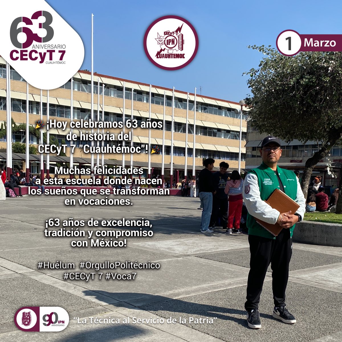 gabohp's tweet photo. 🎉 ¡Hoy celebramos 63 años de historia del CECyT 7 "Cuauhtémoc"! 🎉

Muchas felicidades a esta escuela donde nacen los sueños que se transforman en vocaciones.

 ¡63 años de excelencia, tradición y compromiso con México!

 #Huélum 💛🤍 #OrgulloPolitécnico #CECyT7 #Voca7 https://t.co/BfZXLb1sD7