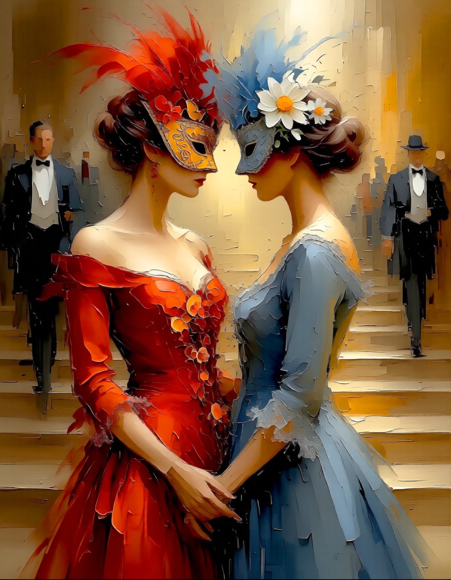 andy_corah's tweet image. Two colors meet behind borrowed faces, and the truth slips through their fingers. 🎭 #Masquerade #Unspoken