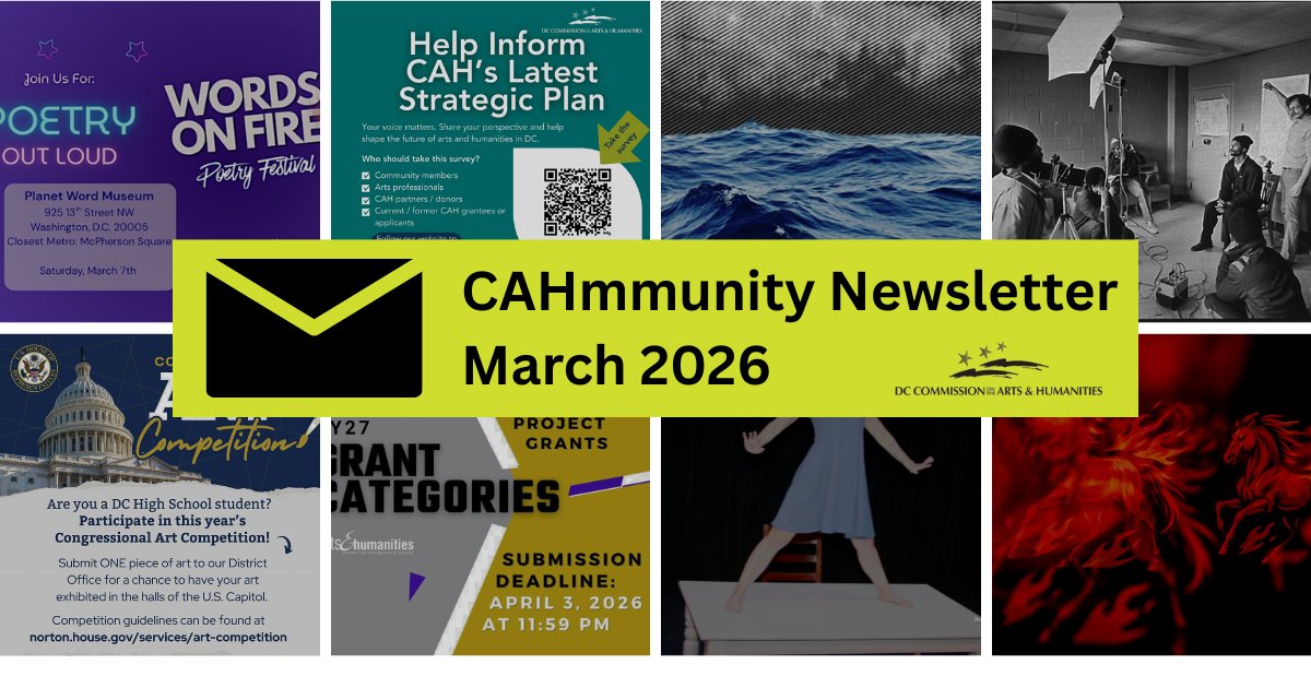 TheDCArts's tweet photo. Check out our March Newsletter!!

TABLE OF CONTENTS

Poetry Out Loud &amp; Words on Fire
Grants
Strategic Planning Community Survey
CAHmmunity Happenings
Commission Meetings
DC Public Library Happenings
And more!!

You can read it here: https://t.co/JSItY4hd3u #DCArtists #DCArts https://t.co/MnTgO5YqKi