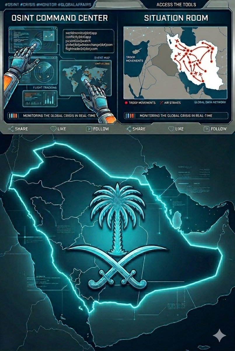 Al7lhh223's tweet photo. 🚨 في ظل التسارع الكبير للأحداث والتطورات الميدانية، الاعتماد على الأخبار التقليدية قد يجعلك متأخراً بخطوة .
جمعت لكم أهم 5 أدوات ومواقع "استخبارات مفتوحة المصدر" (OSINT) ورادارات طيران يستخدمها المحللون لمراقبة الحروب لحظة بلحظة . 👇🏻

(انسخوها الروابط في التغريدات القادمة واستبدلو كلمة dot بنقطة . في المتصفح)

#الامن_السيبراني #السعوديه_خط_احمر