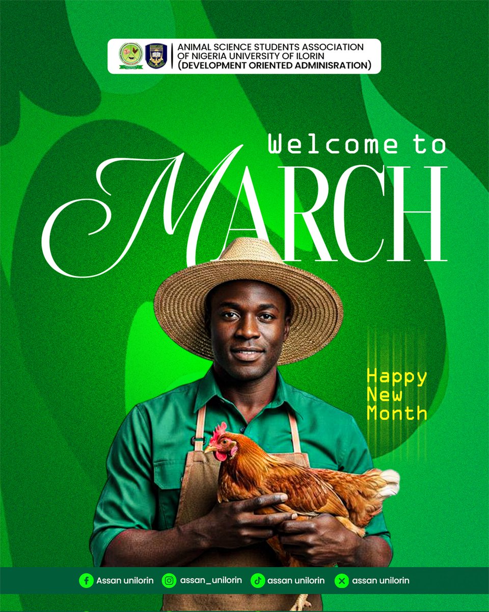 ASSANUNILORIN_'s tweet photo. Animal Science Students' Association Of Nigeria (ASSAN)- Unilorin Chapter.

Welcome to March, ASSANITES!

 This month, we’re stepping up our drive for innovation and growth within the Animal Science department. Stay focused, stay driven, and let’s grow together. https://t.co/a0spHdiI1O