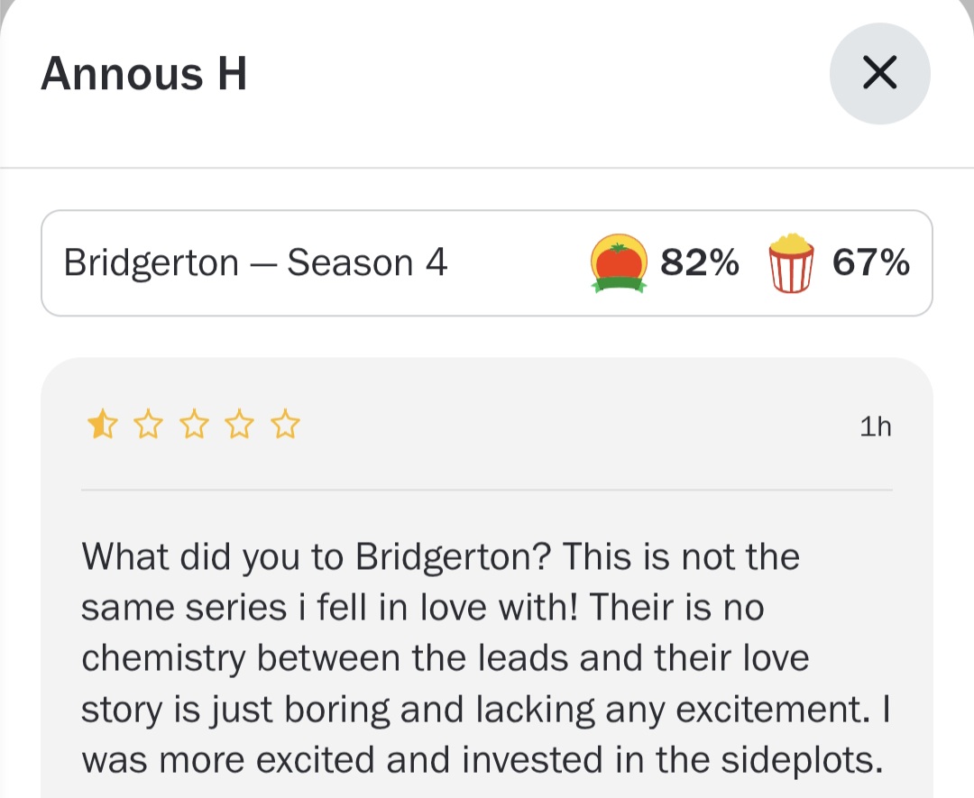 LadyKateMorgan's tweet photo. Well, now that Season 4 is over, I've noticed a lot of comments saying it's the best season because of the chemistry between the leads and other details that aren't relevant here.

But this is where I wonder: What about those people who didn't like this season? What would they say if they weren't afraid to speak up?

So, how about we give those people a voice?

Straight from Rotten Tomatoes, let's see what the general public who didn't like this season has to say. And just so you know: these reviews are all from after Part 2 premiered.

A thread 🧵