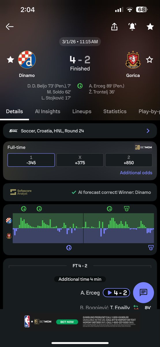 SoldTheLow's tweet photo. @DK_Assist Hey the Dinamo Zagreb game ended in a 4-2 win over an hour ago. Pay out the winning bets already https://t.co/B7DzRMWEsZ