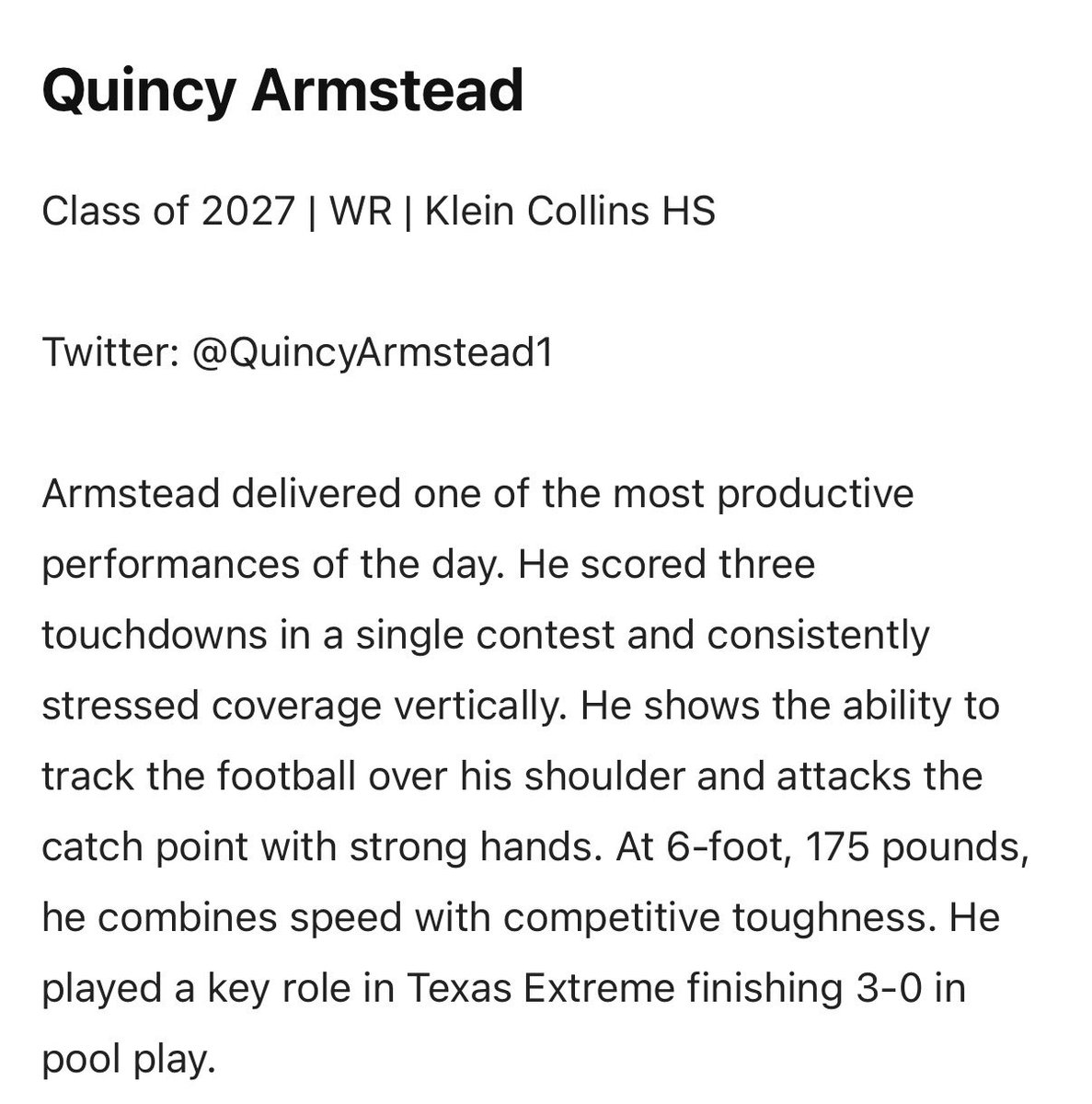 Thank you <a href="/Marchen44/">On Da Marc Sports🏈</a> for the write up about my performance! 

<a href="/Coach_dcMiller/">Coach Miller™</a> <a href="/KCTigerFootball/">KleinCollinsFootball</a> <a href="/TexasXtreme7v7/">Texas Xtreme 7v7</a> <a href="/PrepRedzoneTX/">Prep Redzone Texas</a> @