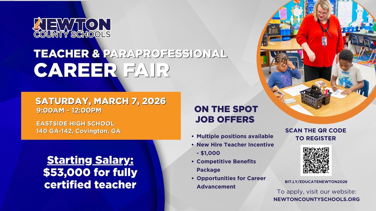NewtonCoSchools's tweet photo. ONE WEEK AWAY 

$53,000.

That’s the starting salary for a fully certified teacher at Newton County Schools — and we’re hiring.

If you’ve been thinking about a new opportunity, a fresh start, or stepping into the classroom for the first time, now is the time.

Join us THIS Saturday at our Teacher & Paraprofessional Career Fair
March 7 | 9 a.m. – 12 p.m. | Eastside High School

Why Newton County Schools?
• $53,000 starting salary for fully certified teachers
• $1,000 new hire incentive
• Competitive benefits package
• Career advancement opportunities
• Strong mentoring and support for new teachers
• Multiple positions available
There’s still time to register.
Sign up today: https://t.co/3n5ldah7Ex

Your next opportunity could be waiting for you next weekend. Tag a future educator and help us spread the word!