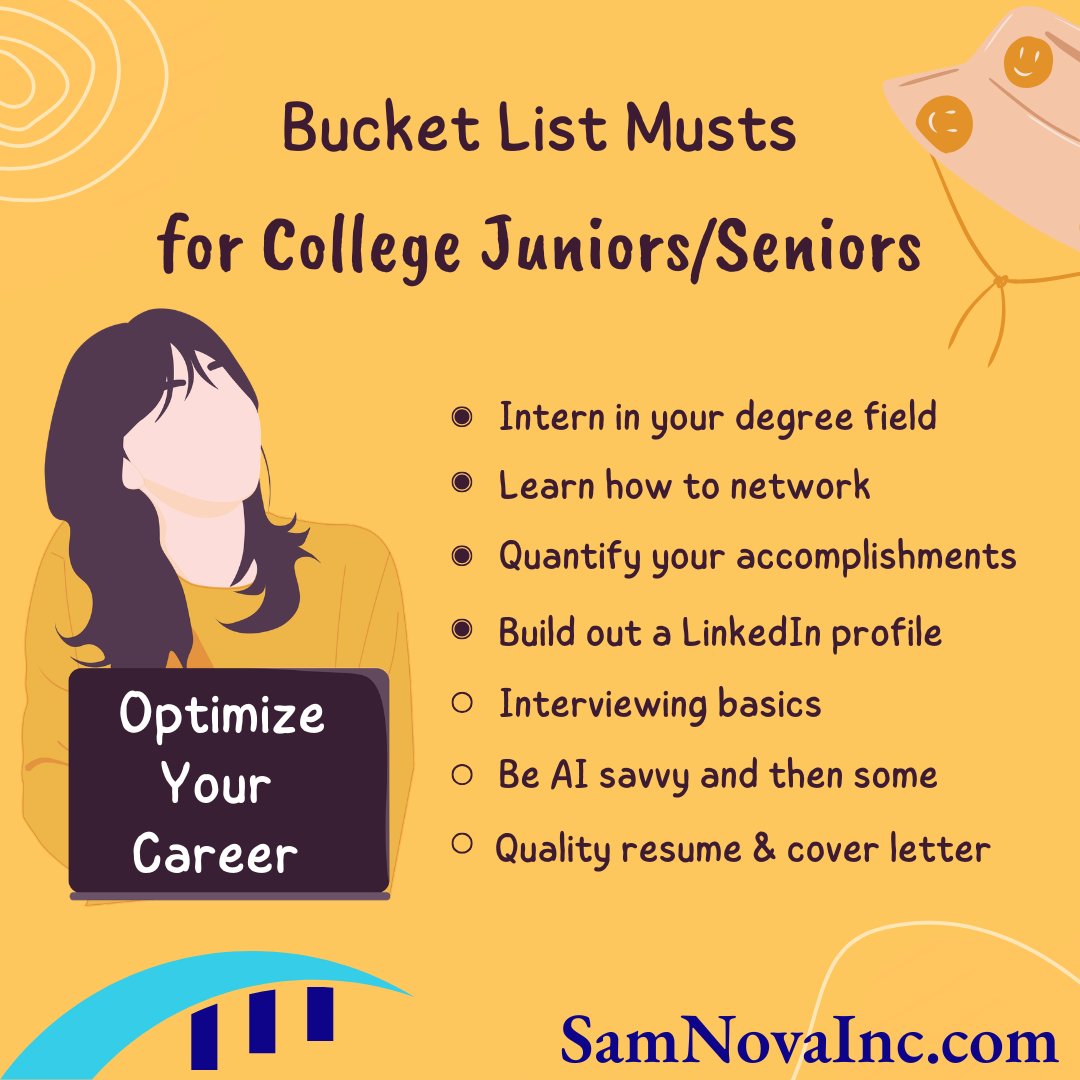Are you the parent of a college student?

Many parents get a jump start on their child's job search by hiring SamNova while their child is still in college! Although a college's Career Services can be very helpful; the sheer volume of students and lack of time does not allow for
