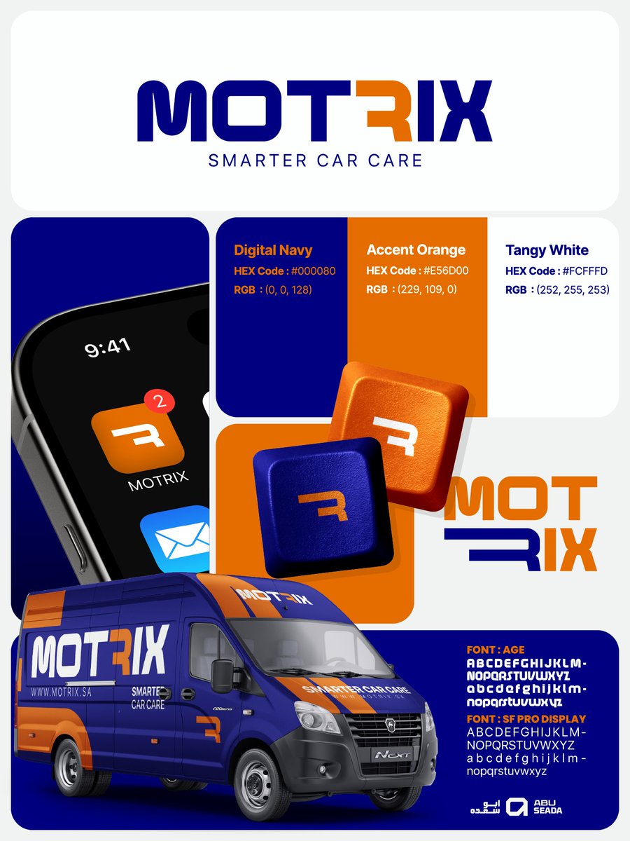 هوية بصرية جديدة تنبض بالحركة! 🚀🎨
​أقدم لكم تصميمي لبراند MOTRIX لخدمات العناية الذكية بالسيارات.
ركزت على البساطة القوية (Bold &amp; Simple) مع تباين ألوان يخطف العين في كل التطبيقات الرقمية والمطبوعة. 📱🚐

​تقييمكم للتصميم من 10؟ 🤩

#هوية_تجارية #مصمم_جرافيك #BrandIdentity