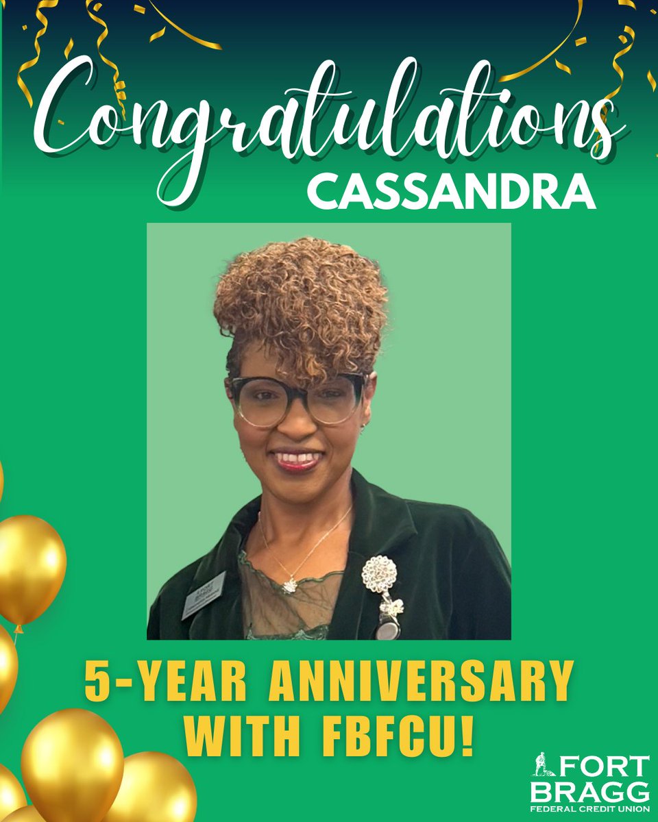 Please join us in congratulating Cassandra on 5 years with Fort Bragg Federal Credit Union! 🎉

As a Member Service Specialist I, Cassandra plays an important role in creating positive experiences for our members each day.