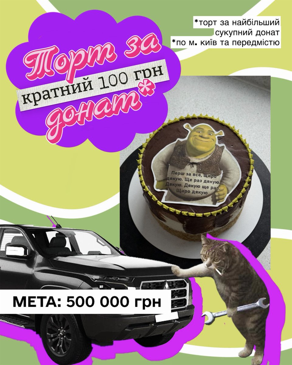 Друзі, продовжую збір <a href="/GraceFoundUA/">Grace Foundation</a> на ремонт автівок.

Моя 🎯: 200 000 грн 

🫙send.monobank.ua/jar/3jzcJtin33
PayPal: riznobarvka@gmail.com

Розігрую 2 торти по м. Київ та передмістю🎂
за 🍩, кратний 100 грн
за найбільший сукупний 🍩

Буду вдячна за рт та цитування