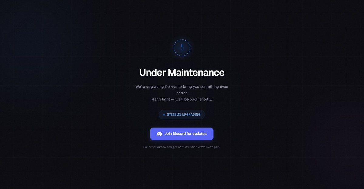 🔴 Corvus will enter maintenance mode for an undetermined period as we deploy the next build.

Check live updates on our Discord: discord.gg/VEJMpuTP8m