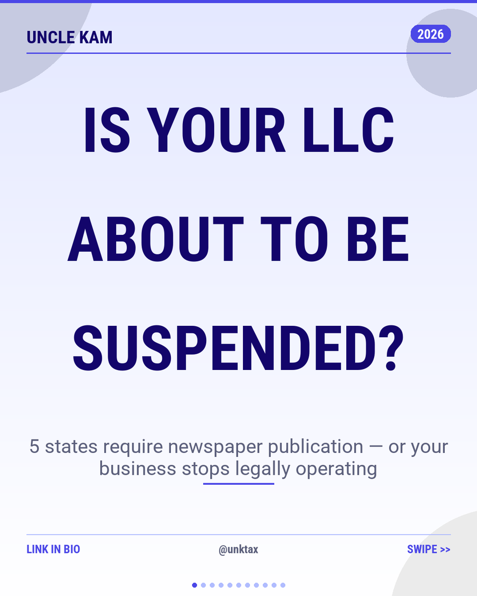 UNKTax's tweet image. 30% of NY LLCs get suspended for missing this one requirement:

Newspaper publication within 120 days of formation.

Miss it = automatic suspension + personal liability for business debts.

Only 5 states require it, but the penalties are brutal.

#LLCCompliance #BusinessTax