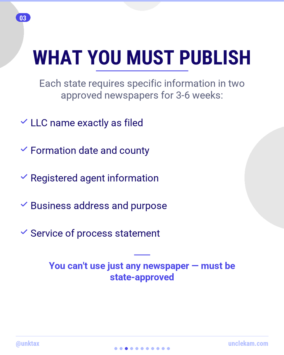 UNKTax's tweet image. 30% of NY LLCs get suspended for missing this one requirement:

Newspaper publication within 120 days of formation.

Miss it = automatic suspension + personal liability for business debts.

Only 5 states require it, but the penalties are brutal.

#LLCCompliance #BusinessTax