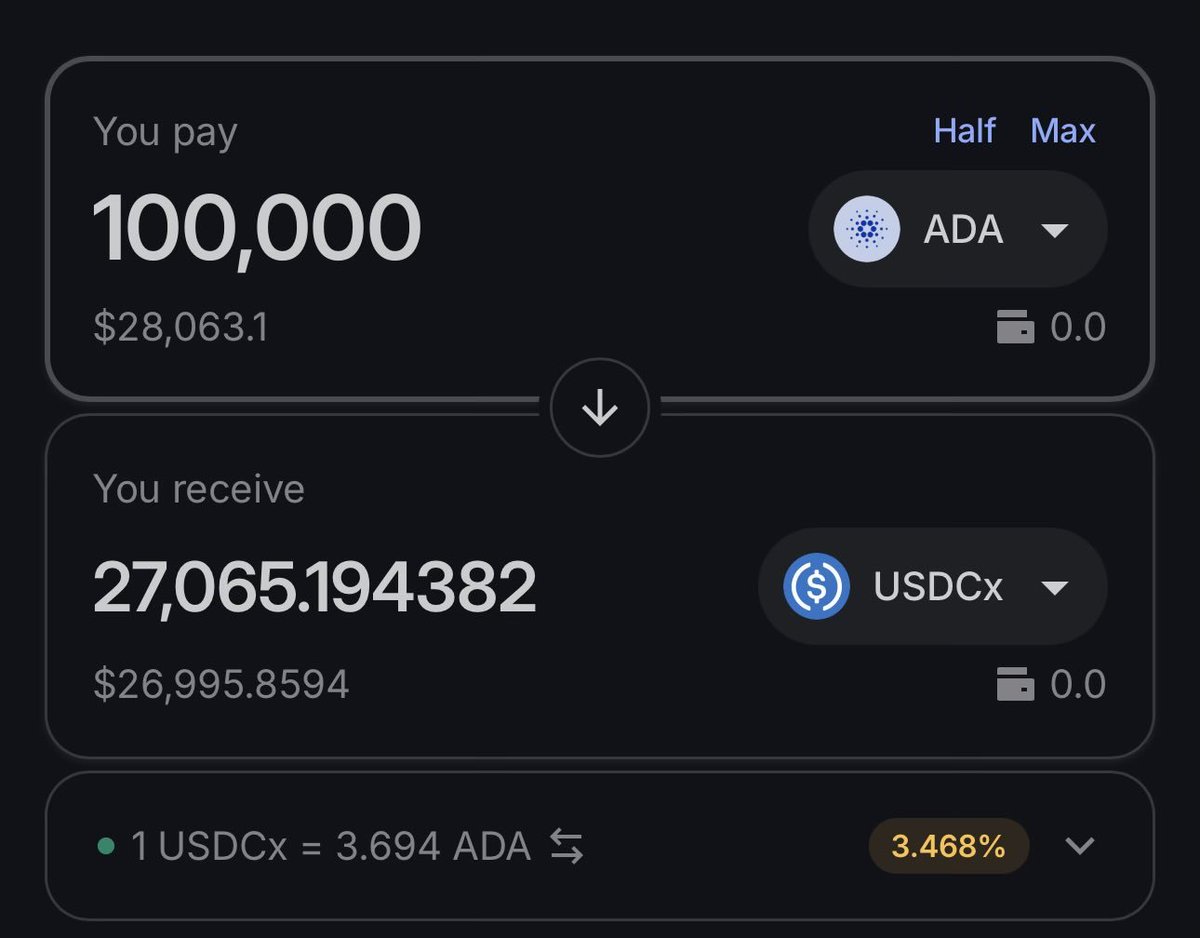 Sweeperlion69's tweet photo. This doesn’t add up — when Minswap shows a simulation like the one below, the price impact is minimal. That clearly suggests there’s deeper liquidity somewhere that isn’t being reflected.
#crypto #DeFi #NFT #Cardano #Minswap #liquidity #DEX https://t.co/lSvhJ9rCLz